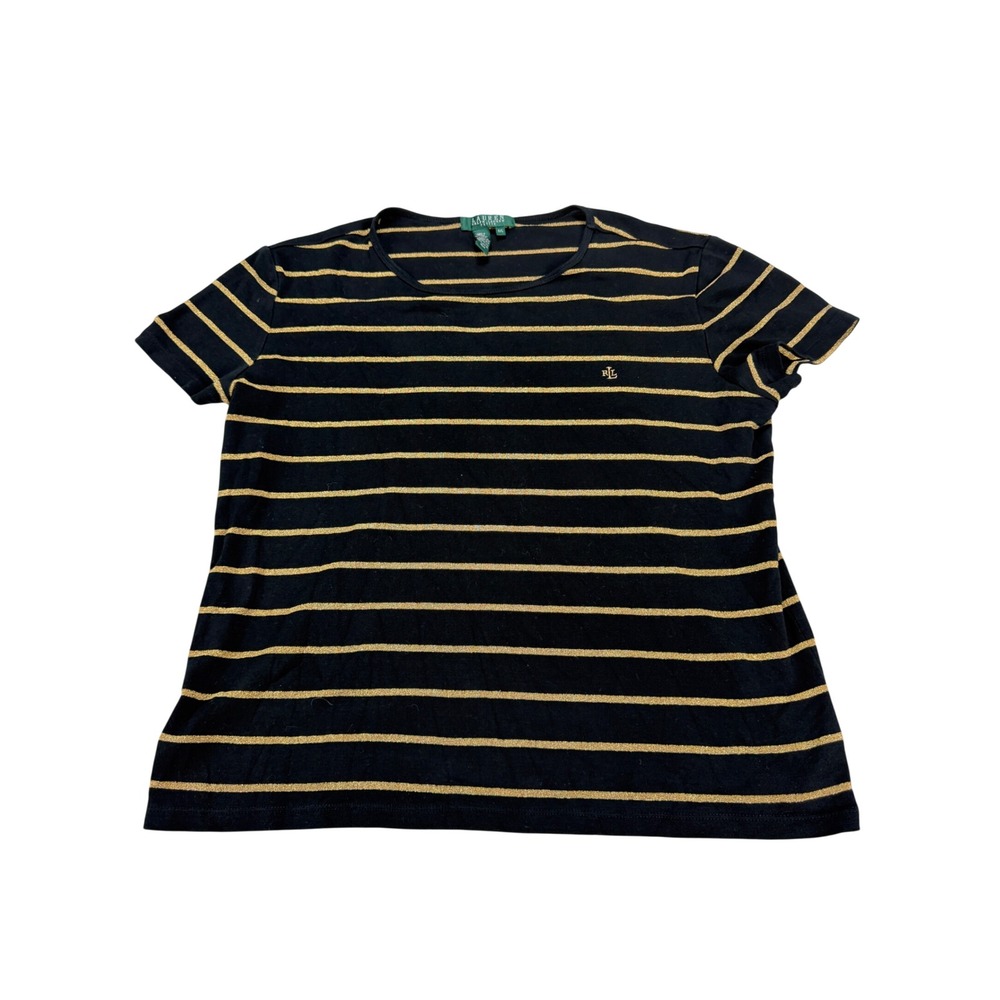 Lauren Ralph Lauren Petite Black Gold Metallic Striped Short Sleeve Top P/L
